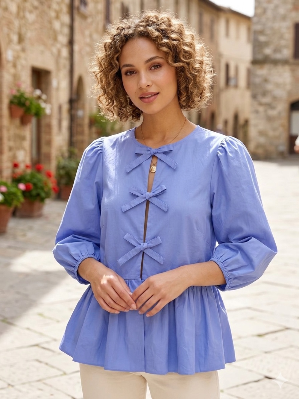NWT Kaktus Periwinkle Tie-Front Peplum , Puff Sleeve Blouse-Size M